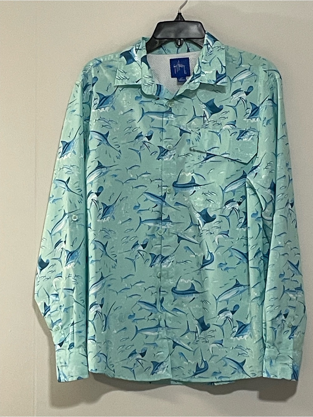 Guy Harvey Light Aqua Blue Marlin Print Button-Down Shirt. Item #11541